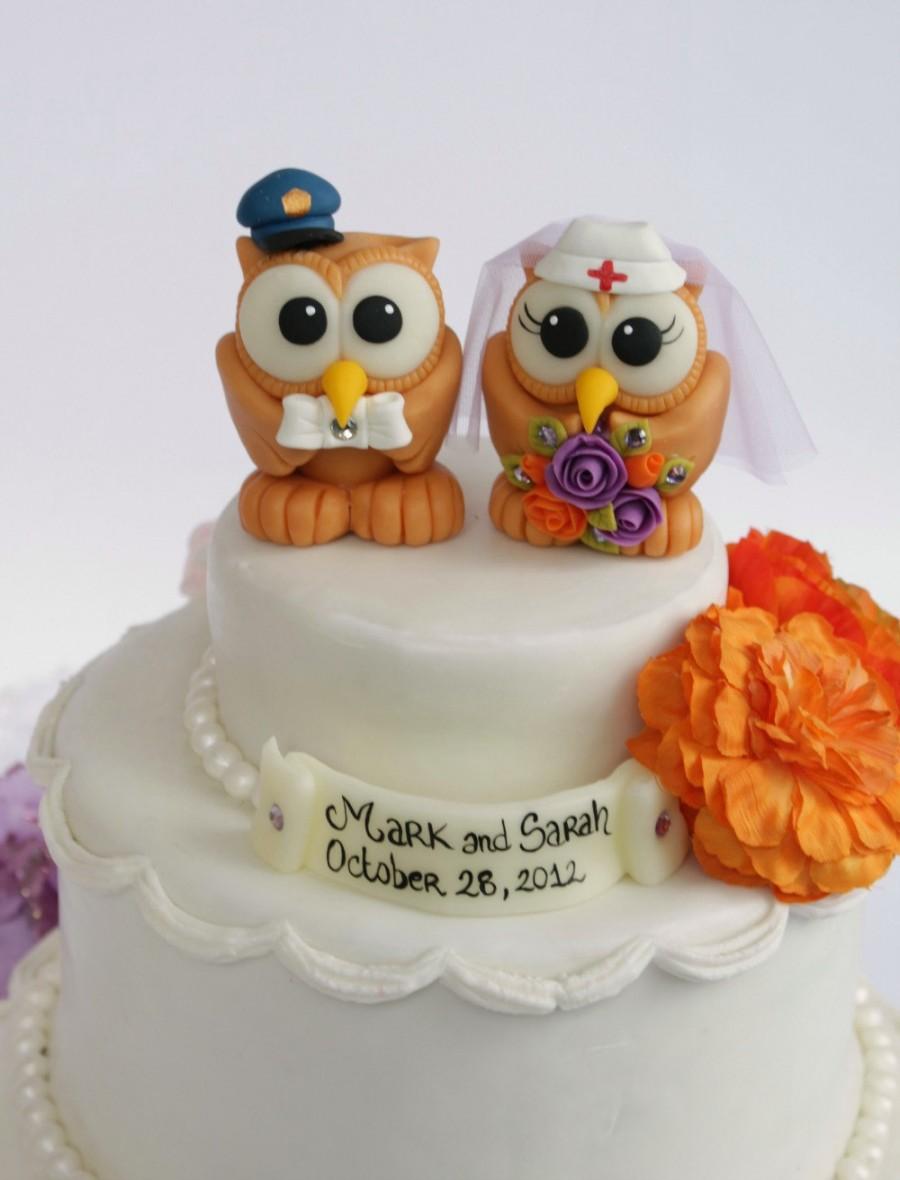 Wedding - Owl wedding cake topper, customizable job cake topper, police groom and nurse bride
