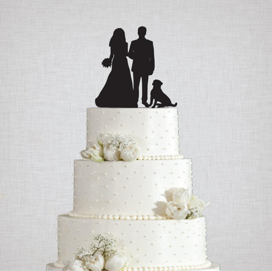 Wedding - Wedding Couple Silhouette with Dog Acrylic Cake Topper - 24 Dog Breeds to Choose From