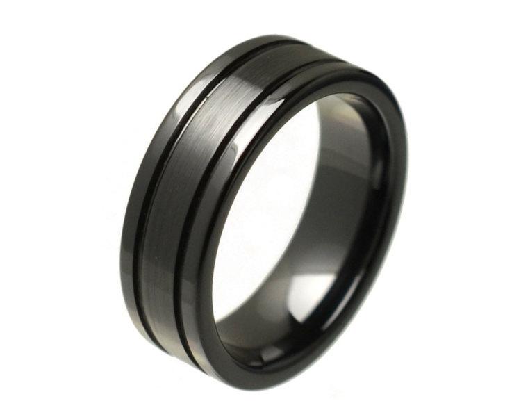 Hochzeit - Mens Ring, Mens Wedding Ring, Promise Rings for Him, Promise Ring for Men, Black Ceramic Ring, Brushed Center Double Grooved, Mens Jewelry