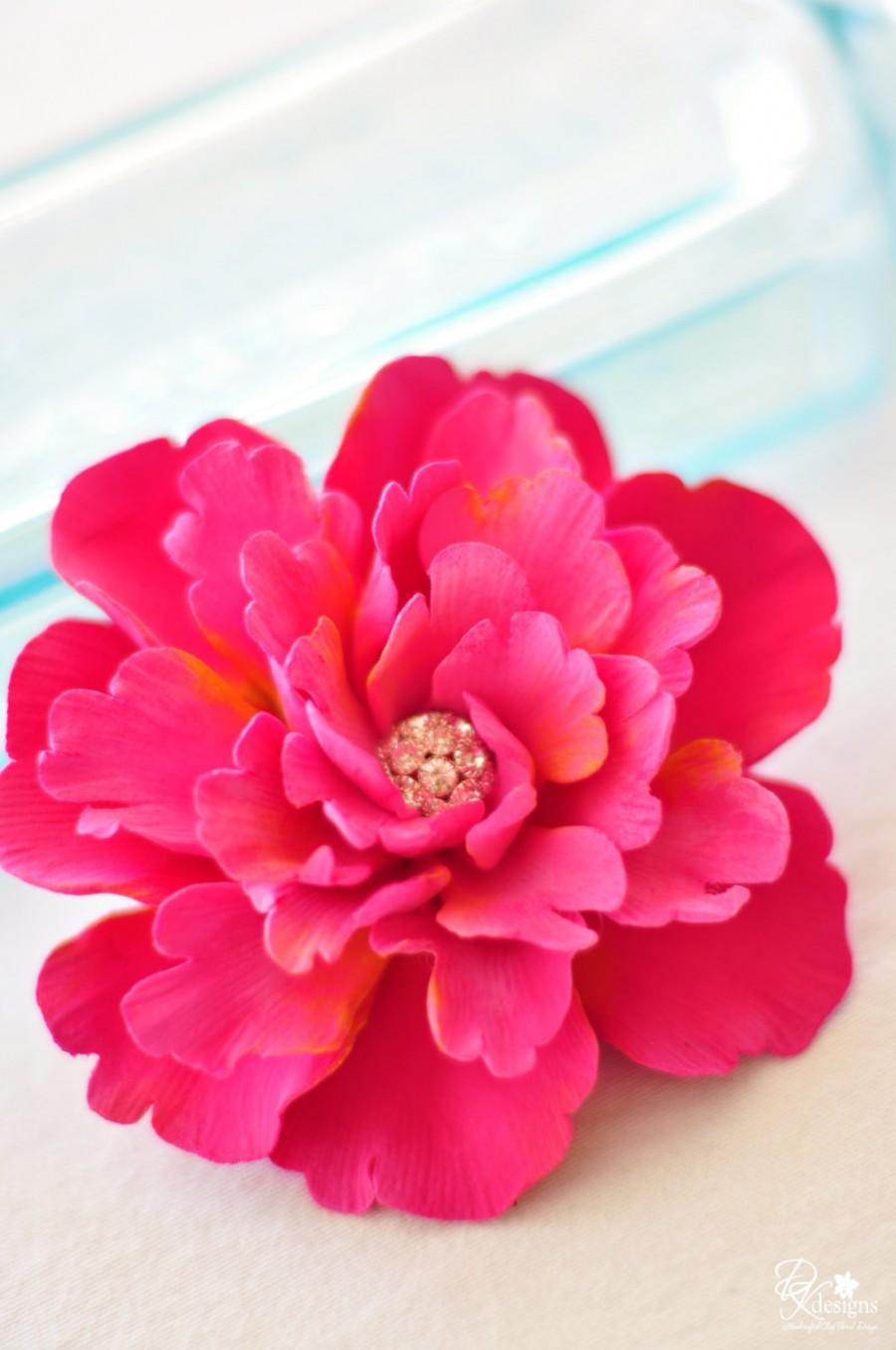 زفاف - Made To Order - CLAYCRAFT by DECO Fuchsia Pink Peony Hair Flower with Rhinestone Center