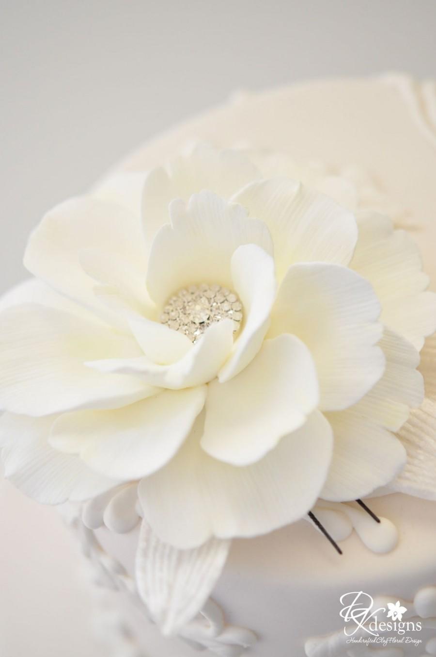 زفاف - Couture Clay - Made to Order Ivory Shrub Rose Hair Flower with Pave Rhinestone Center and Off White Velvet Leaves