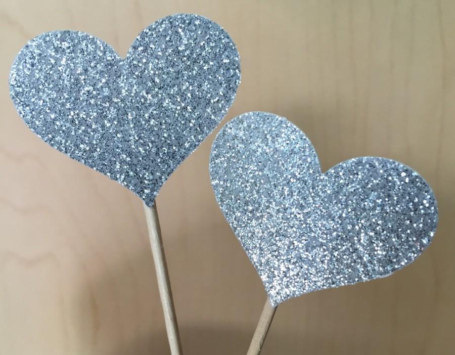 Hochzeit - 120 Cupcake Toppers Sparkling SILVER HEARTS Wedding Cake Decorations Food Picks Appetizers
