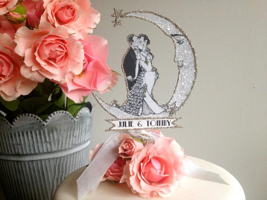 Wedding - Moon Wedding Cake Topper - Vintage Inspired - Bride And Groom- Customized