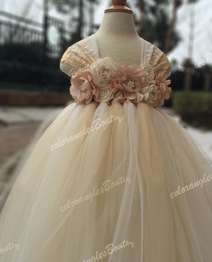 Wedding - Flower girl dress Lace chiffton flowers Ivory champagne tutu dress baby dress toddler birthday dress wedding dress 1-8T