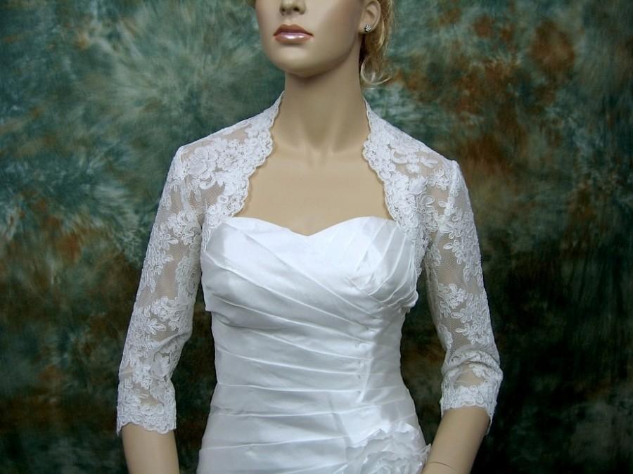 Mariage - White 3/4 sleeve bridal alencon lace wedding bolero jacket