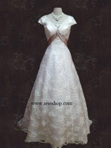 Hochzeit - Vintage Inspired Grace Lace Overlay Empire Wedding Gown with Cap Sleeves and Sash