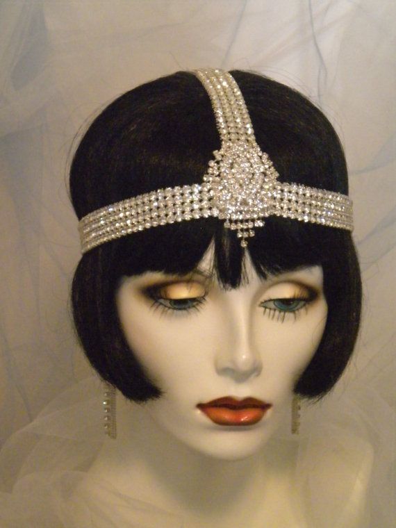 Hochzeit - 1920s Bridal Headpiece, Art Deco, Downton Abbey, Flapper Headband, Gatsby ,1930s, Silver, Crystals, Rhinestones, Elastic READY TO SHIP # 455
