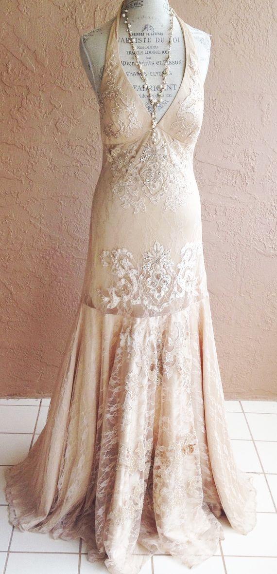 زفاف - For Cary Great Gatsby Silk Champagne Vintage Romantic Lace And Sequins Rhinestones And Beads Nude Blush Pink Trumpet Wedding Prom Gown
