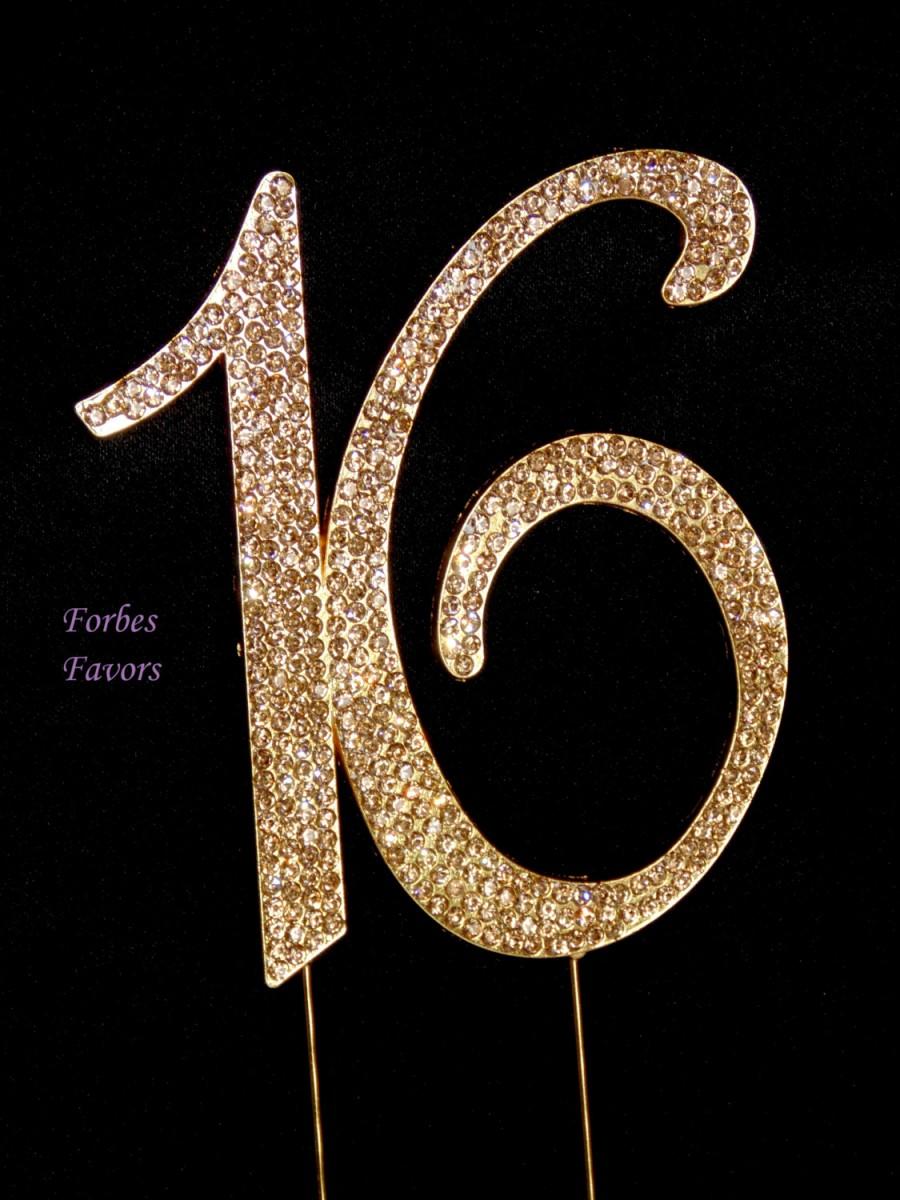 Hochzeit - Large Real Rhinestone GOLD Sweet Sixteen Number Cake Topper