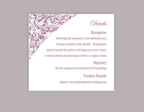 Wedding - DIY Wedding Details Card Template Editable Text Word File Download Printable Details Card Eggplant Details Card Elegant Enclosure Cards