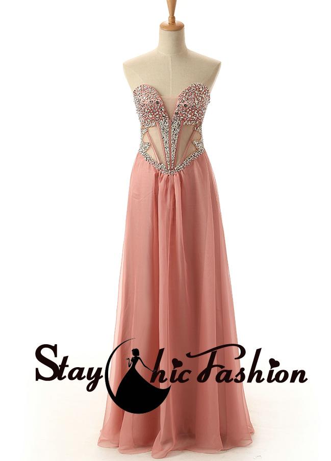 Mariage - Sexy Illusion Waist Pink Sequined Strapless Long Chiffon Prom Dress 2015