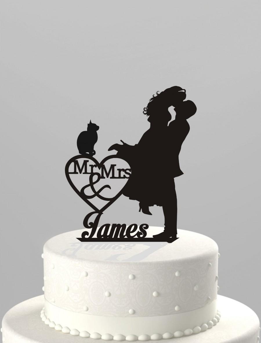 Hochzeit - Wedding Cake Topper Silhouette Couple Mr & Mrs Personalized with Last Name and Cat, Acrylic Cake Topper [CT4ct]