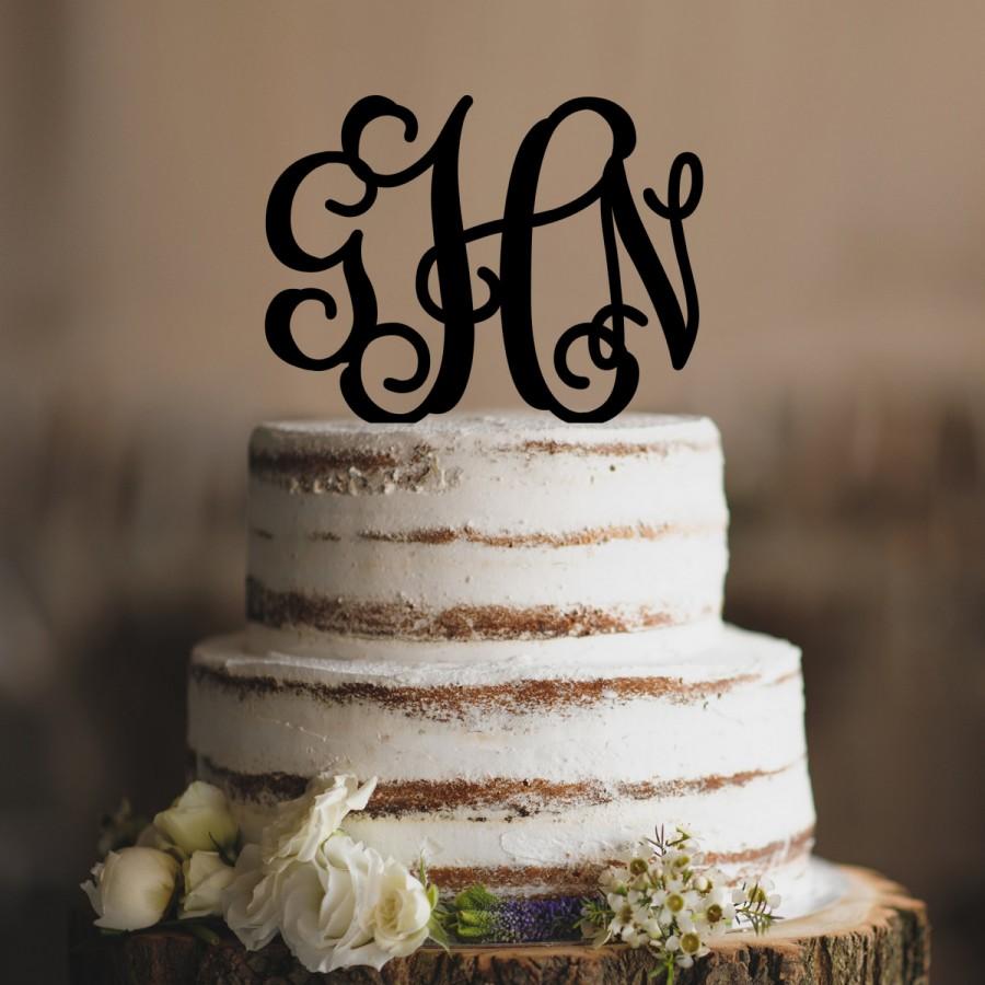 Hochzeit - Monogram Three Initial Wedding Cake Topper, Custom Cake Topper in Calligraphy Font in Your Choice of 15 Colors and 6 Glitter Options- (S045)