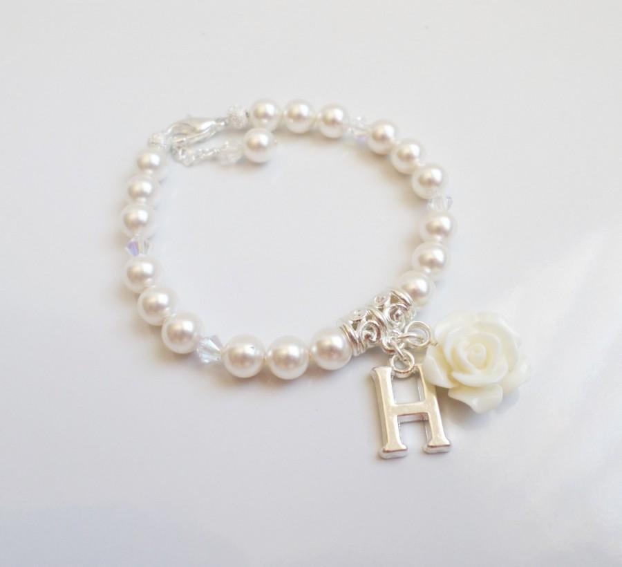 Wedding - FREE United States Shipping Personalized Swarovski Pearl Flower Girl Bracelet, Flower Girl Rose Bracelet, Flower Girl Gift Best Seller