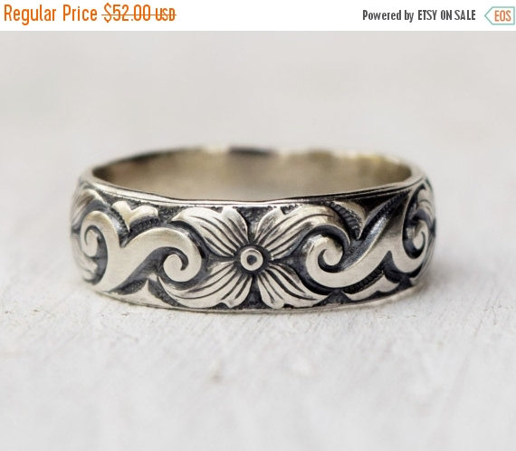 Wedding - ON SALE Sterling Silver Boho Floral Band - Wide Band - Swirl Ring - Patterned Band - Handcrafted - Metalwork - Wedding Band - Christmas Gift