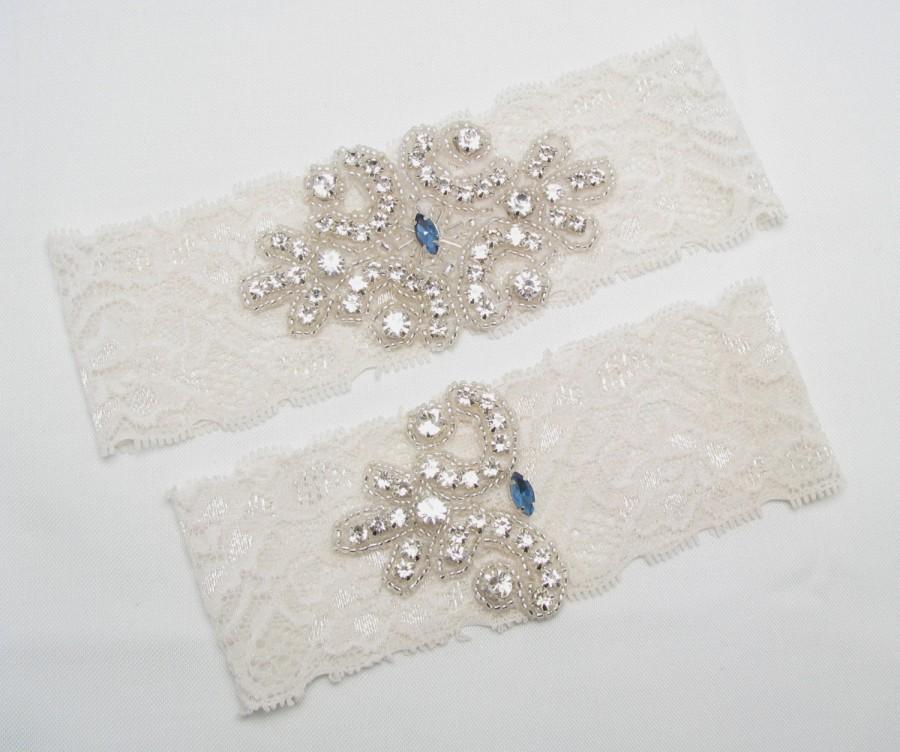Mariage - Something Blue Wedding Garter, Lace Bridal Garter, Crystal Rhinestone Garter Set, Royal Blue Garter Set, Ivory / White Custom Garter