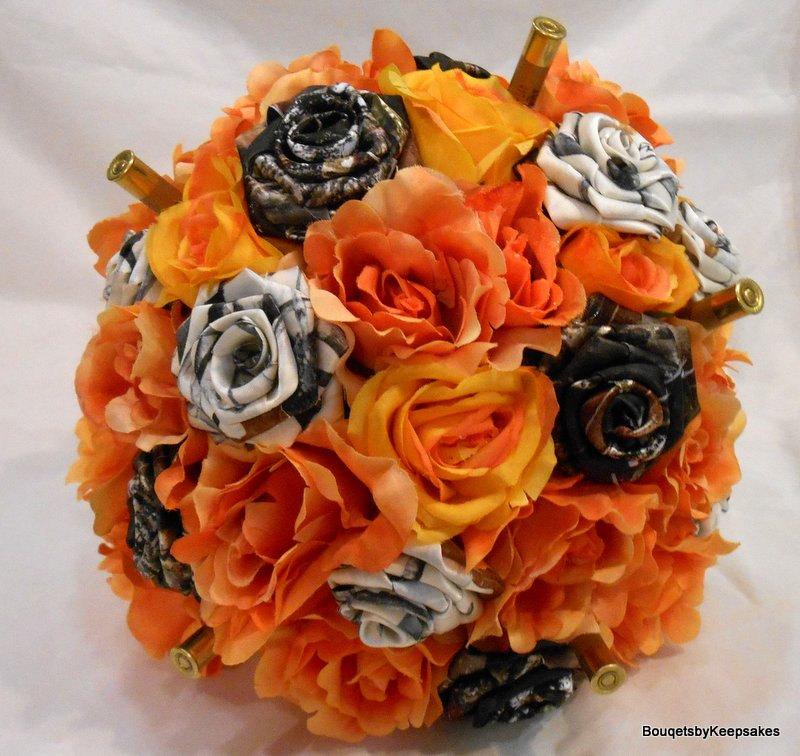 Hochzeit - Wedding Bouquet, Bridal Bouquet, Mossy Oak Camo and True Timber Snow with Brass Shells