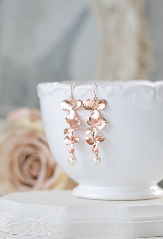 زفاف - Rose Gold Earrings Pink Gold Cascading Orchid Flower Swarovski Cream Ivory Round Pearl Dangle Earrings Bridal Earrings Rose Gold Jewelry