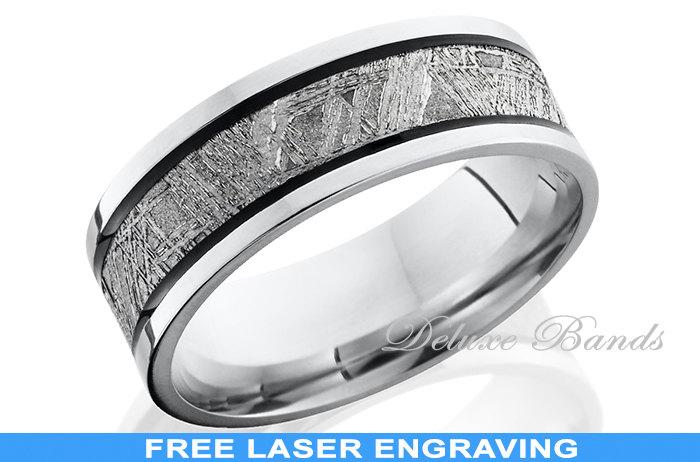 Wedding - Meteorite Wedding Band Cobalt Chrome Meteorite Ring 7mm Antique Finished Pipe Cut Mens Womens His Hers Anniversary Promise Ring Comfort Fit