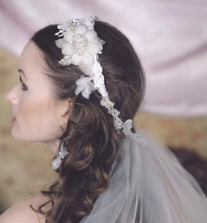 Hochzeit - EDEN CROWN Ivory Lace Beaded and Tulle Veil Headband