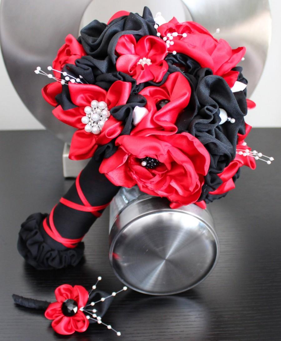 Hochzeit - READY to SHIP Handmade Fabric Flower Bridal Bouquet & boutonnière  w/brooches. Heirloom, Keepsake, Upcycled, Eco-Friendly, Rockabilly Gothic