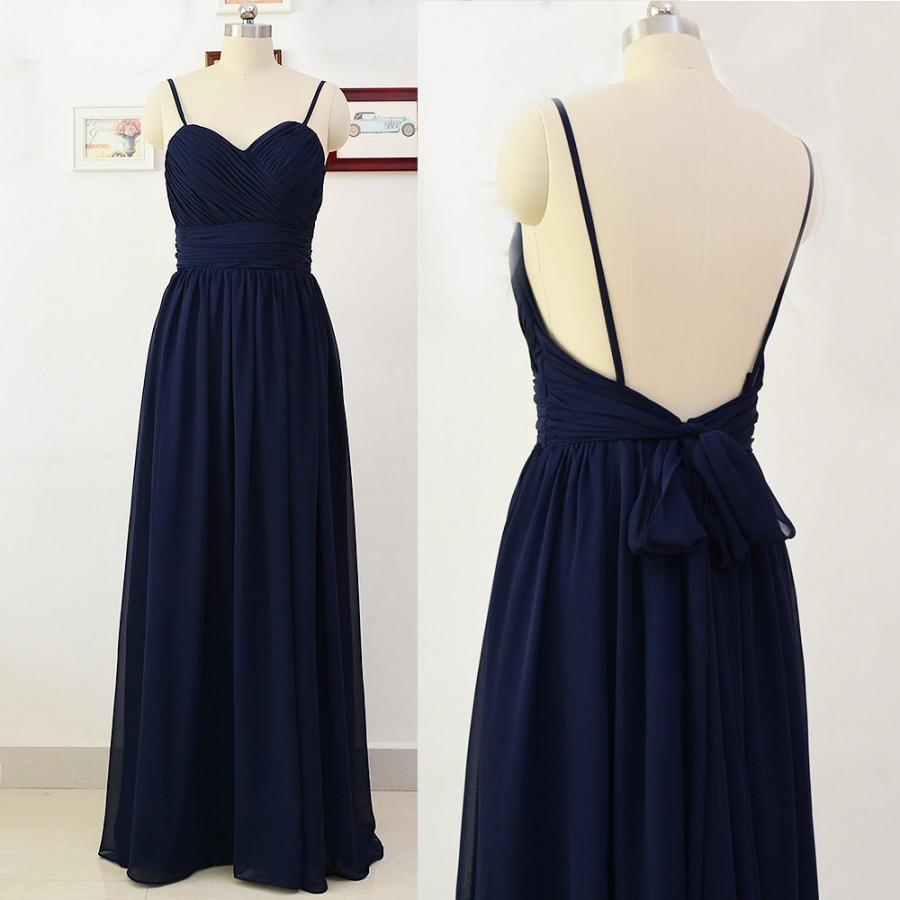 Свадьба - Dark navy blue bridesmaid dresses, navy prom dress, chiffon dresses, A-line bridesmaid dress, spaghetti straps prom dress