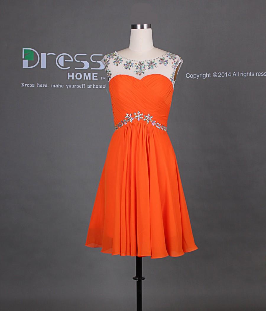 Mariage - Orange Rhinestones Beading Cap Sleeve Chiffon Knee Length Homecoming Dress/Simple Sexy Party Dress/Open Back Short Prom Dress/Juniors DH237