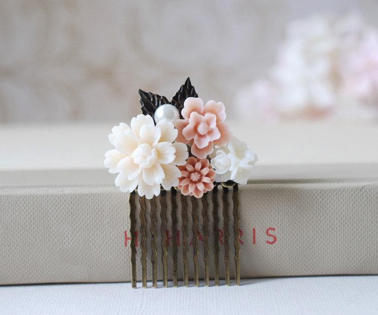 Hochzeit - Pink Ivory Flower Collage Hair Comb. Flowers, Pearl and Antique Brass Leaf Filigree Comb. Vintage Inspired, Wedding Bridal Comb