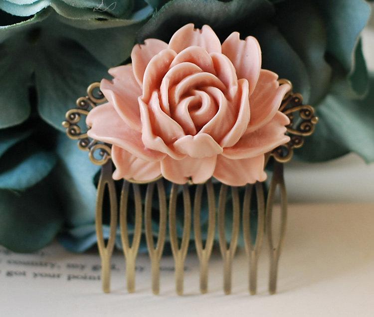Wedding - Wedding Bridal Large Dusty Pink Rose Flower Hair Comb. Vintage Inspired Antique Brass Art Nouveau Filigree Comb. Wedding Comb. Maid of Honor