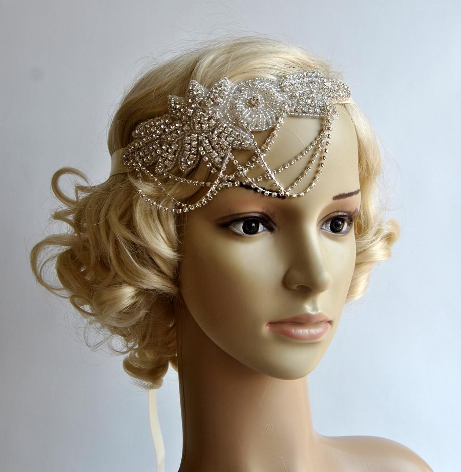 زفاف - Glamour Rhinestone flapper Gatsby Headband, Chain 1920s Wedding Crystal Headband Headpiece, Bridal Headpiece, 1920s Flapper headband