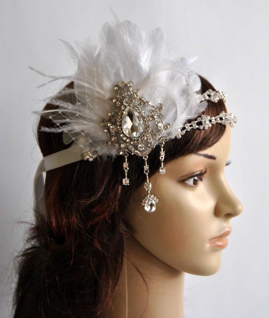 زفاف - Luxury 1920s Rhinestone headband, Bridal Feather Fascinator, Rhinestone beaded Headband, 1920s Headpiece Bridal fascinator headband Wedding