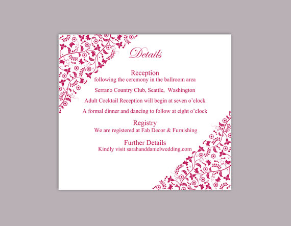 Wedding - DIY Wedding Details Card Template Editable Text Word File Download Printable Details Card Fuchsia Details Card Hot Pink Enclosure Cards