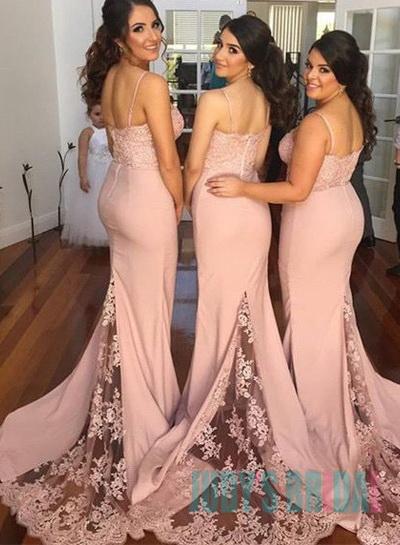 Wedding - Beautiful pink spaghetti straps long sheath bridesmaid dress prom dress