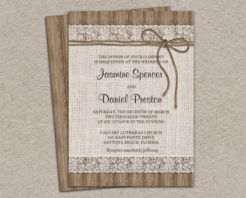 Wedding - Rustic Burlap Wedding Invitation, DIY Printable Rustic Wedding Invitation With Twine, Lace Wedding Invitations