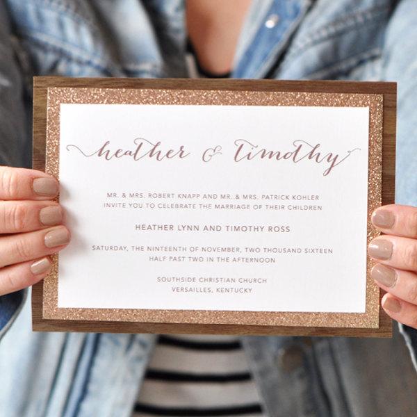 Wedding - Glitter Wedding Invitations, Rustic Wedding Invitation, Country & Wood Wedding Invitation - Heather Collection SAMPLE by Engaging Papers