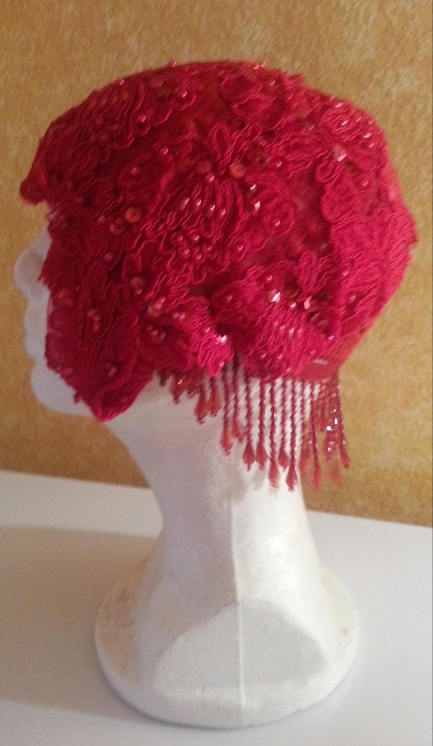 Wedding - Red Gatsby Roaring 20's Flapper Style Crochet Beaded Lace Waterfall Headpiece Hat Bridal Club Party Costume