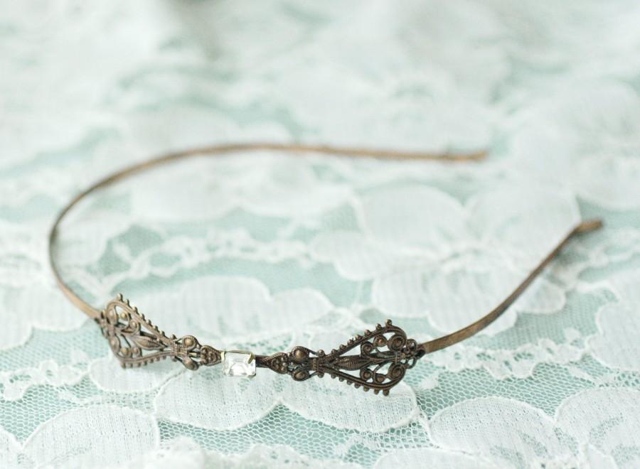 Hochzeit - Copper filigree bridal headband crystal jewel antique finish edwardian vintage style ornate wedding hair accessory