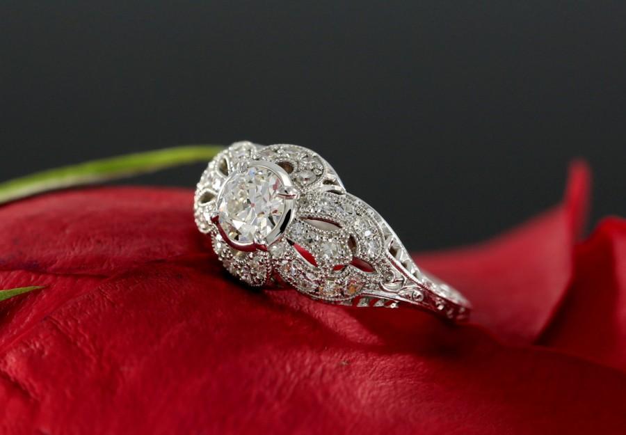 زفاف - Moissanite Engagement Ring with Diamonds and Milgrain Design, 5.5mm Forever Brilliant (avaliable in yellow, rose, white gold and platinum)