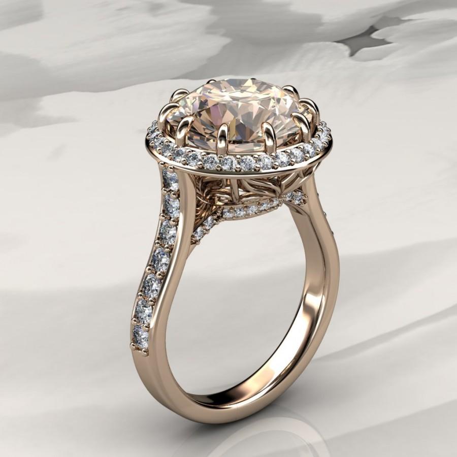 زفاف - Morganite Halo Engagement Ring with Diamonds in Rose Gold, Halo Engagement Ring (available in white gold, yellow gold and platinum)