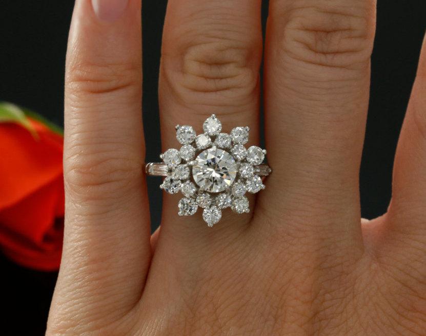 زفاف - 1960's Era 1.06ct Diamond Cluster Engagement Ring in Platinum, PGS Certified, 2.72 carat total weight, Floral Style Engagement Ring
