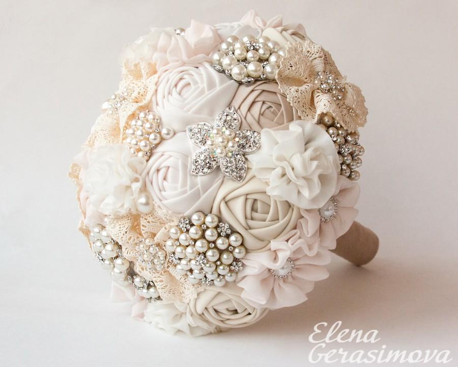 Hochzeit - SALE!!! Brooch Bouquet, Ivory Fabric Bouquet, Unique Wedding Bridal Bouquet