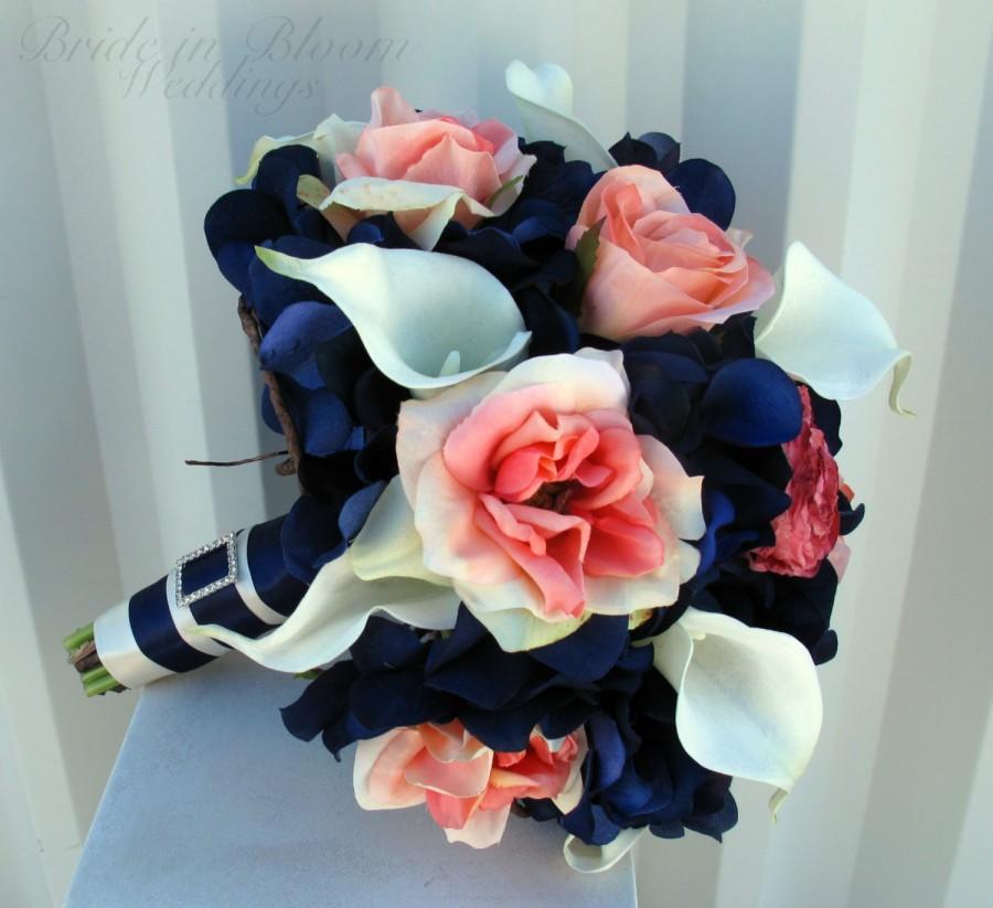 Mariage - Wedding bouquet coral navy white calla lily rose bridal bouquets silk wedding flowers