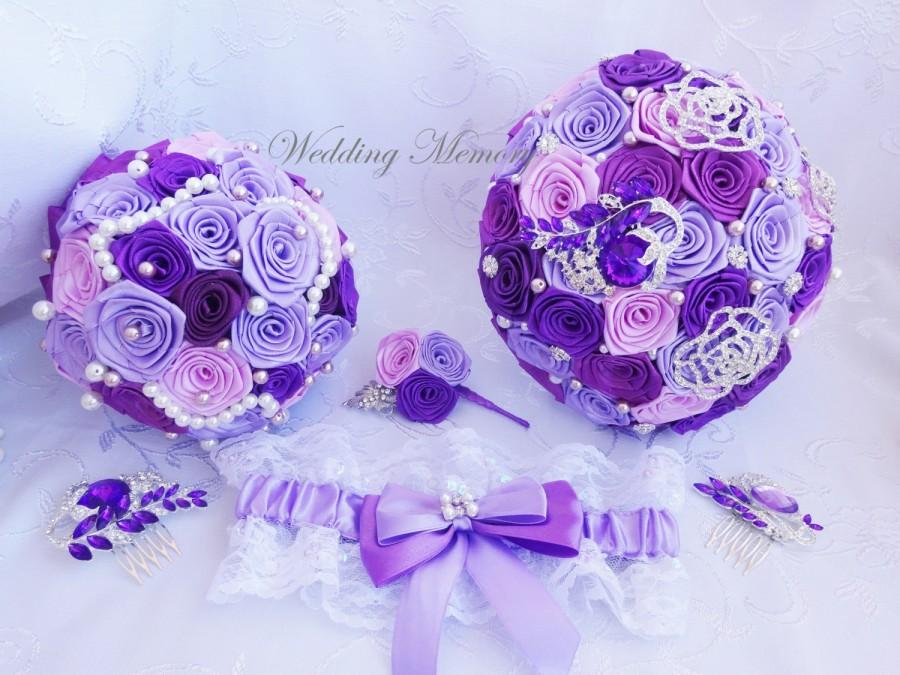 Hochzeit - Purple toss bouquet, bridesmaids bouquet, cheap bouquet, lavender pearls satin fabric flowers heirloom keepsake throw bouqet broach kit