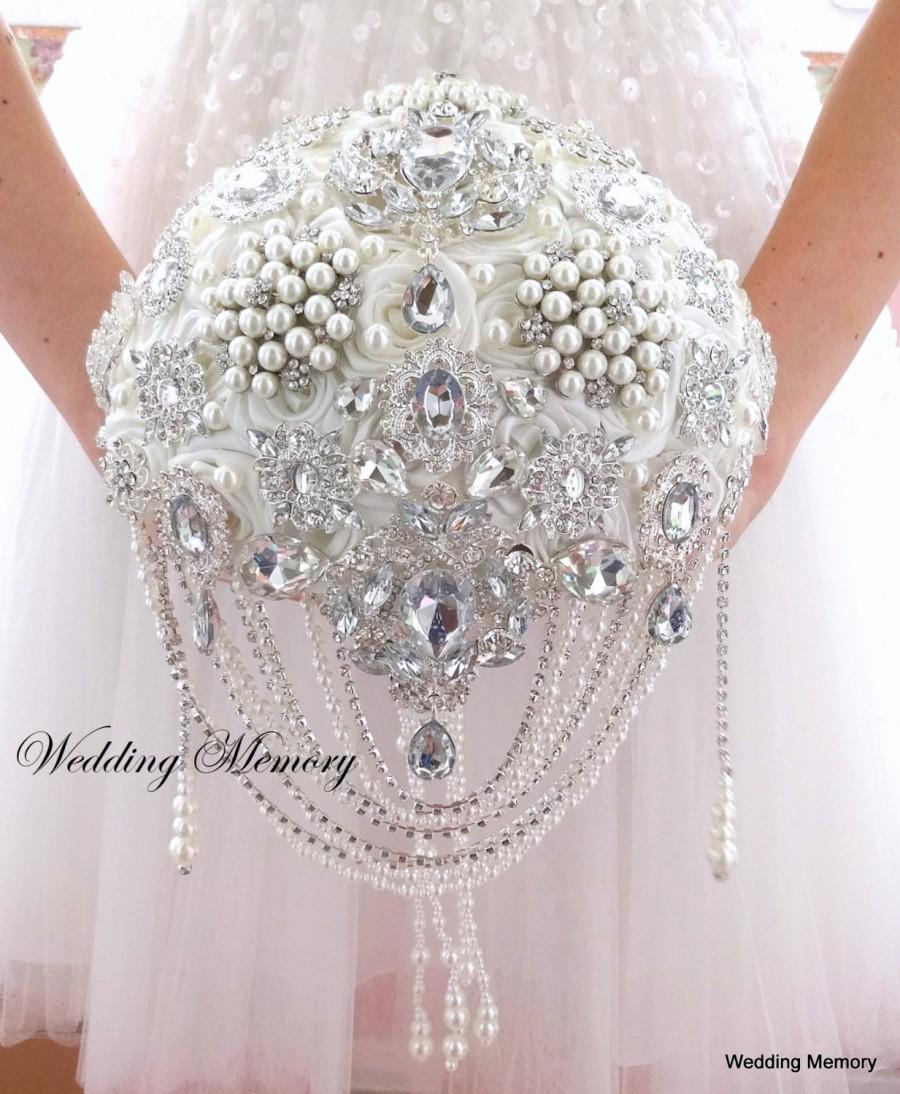 Hochzeit - SALE READY Ivory bling brooch bouquet Wedding bridal glamour silver broach bouqet Cascading pearl jeweled bridal boquet Heirloom keepsake