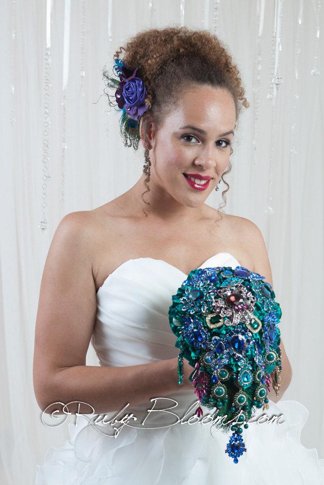 Wedding - Peacock Wedding Brooch Bouquet. Deposit - "Royal Whimsy" Cascading Peacock Bouquet. Bridal broach bouquet - Ruby Blooms Weddings