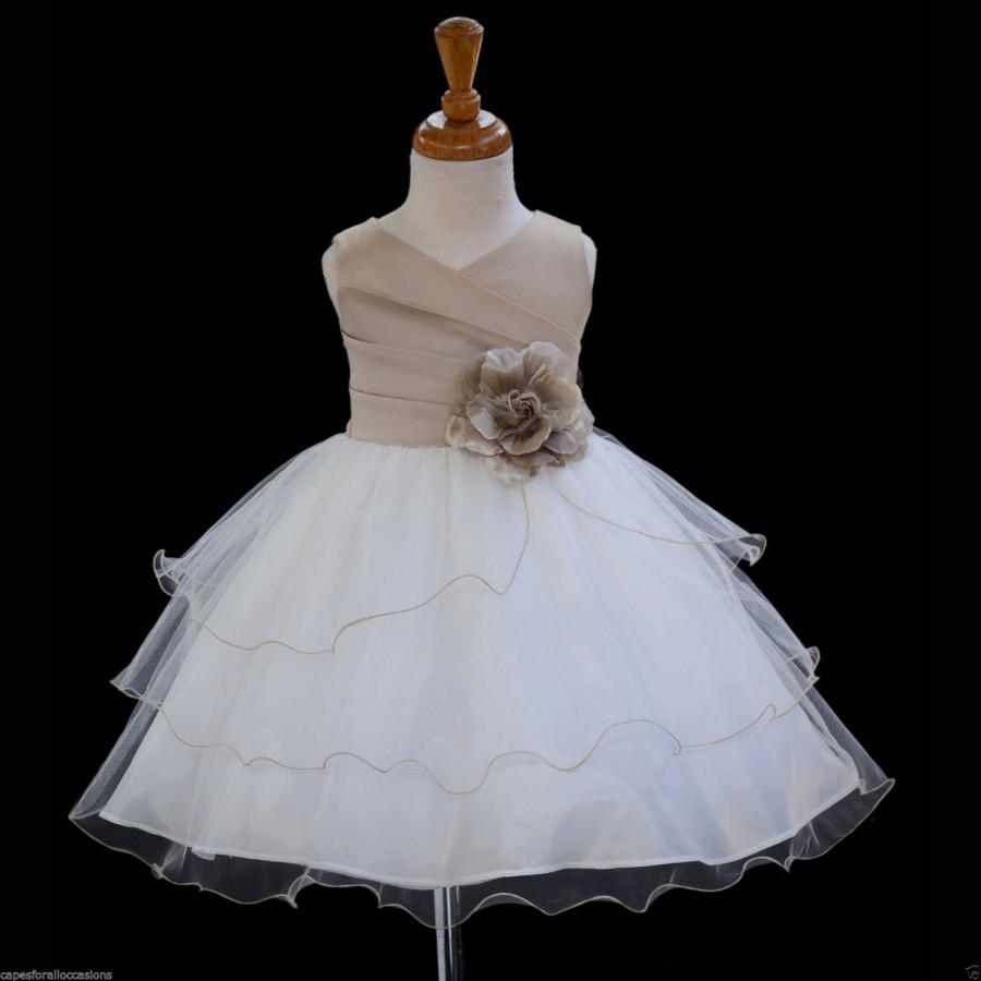 Hochzeit - Ivory Champagne Flower Girl Tea- Length dress tie sash pageant wedding bridal recital children tulle toddler sizes 12-18m 2 4 6 8 10  