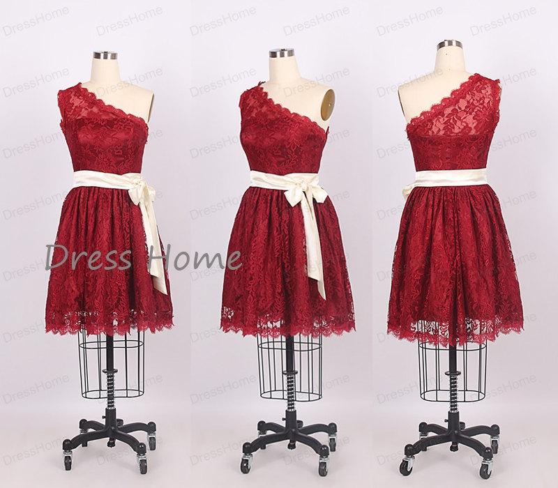2014 Red One Shoulder Lace A Line Knee Length Short Bridesmaid Dress