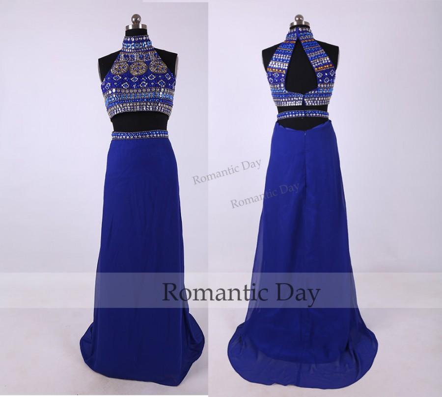 Wedding - Royal Blue Stunning Crystal Beaded Cut Out Back Long Prom Dress 2015/Sexy Two Piece Prom Dresses/Sexy Two Piece Long Party Dress/Custom 384