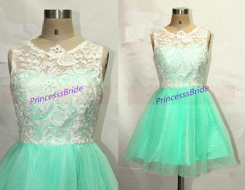 Hochzeit - 2015 mint tulle ivory lace bridesmaid dress short,cute a-line prom dresses hot,chic cheap women gowns for wedding party.