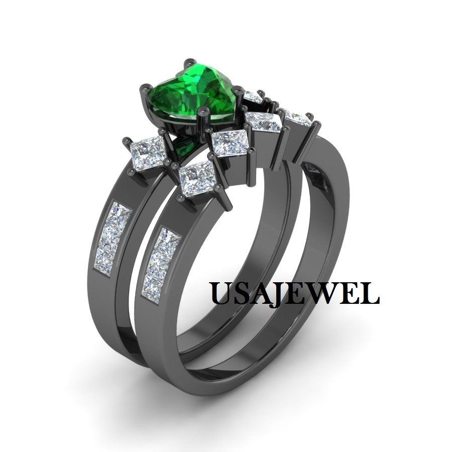 زفاف - 2.49ct Dark Green Heart Cut Engagement Bridal Wedding Promise Beautiful Sexy Ring in 925 Sterling Silver Full Black Metal with Free Shipping